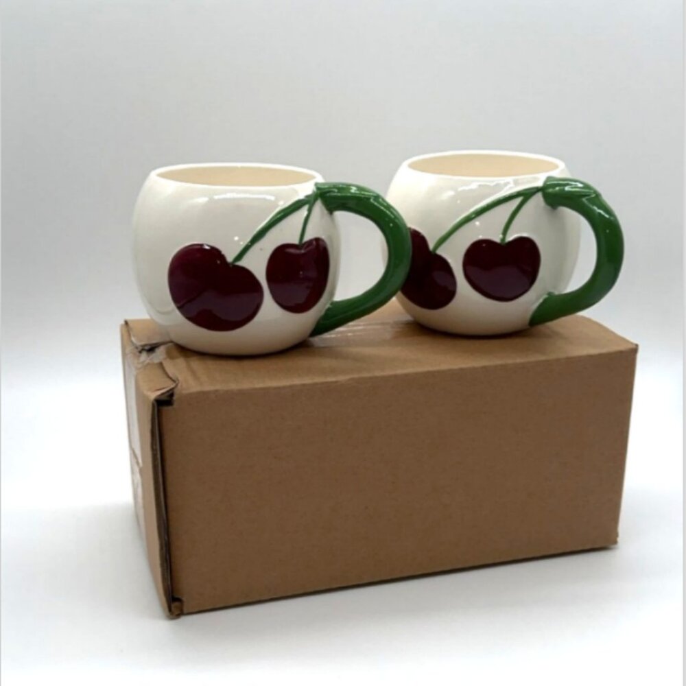 Room Essentials Cherry Ceramic Mug Set of 2 – 14oz – Brand New